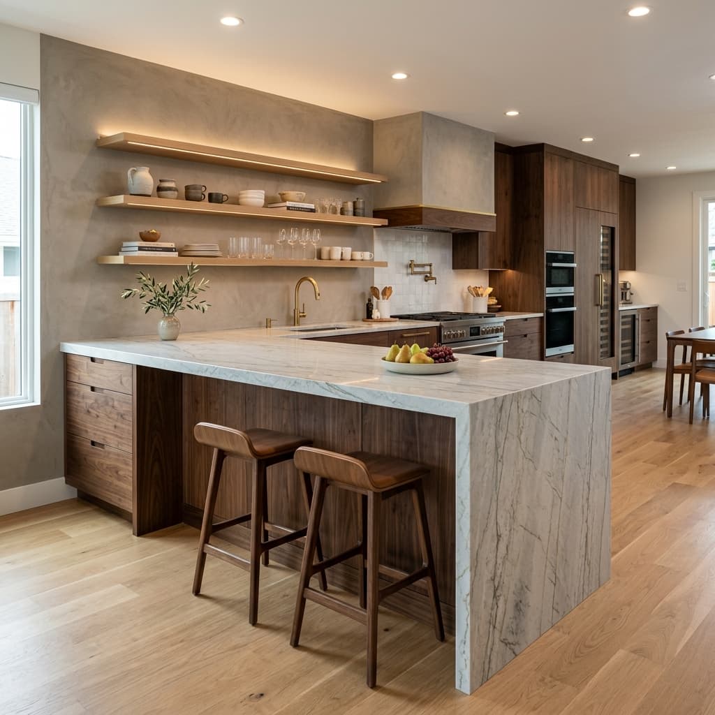 Black walnut island with Taj Mahal quartzite waterfall countertop